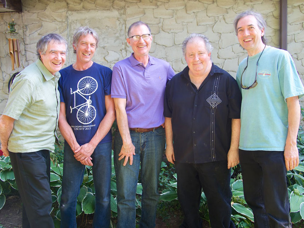 The band at Tom Tedesco's, August 14, 2015: left to right - Bob Keller, Bill Tesar, John Klopotowski, Kermit Driscoll, Rave Tesar